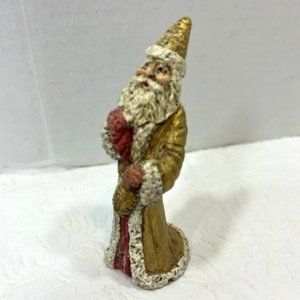 VTG Christmas Santa Mini Statue Gold Robe Red Toy Bag Lantern 3.75" Tall